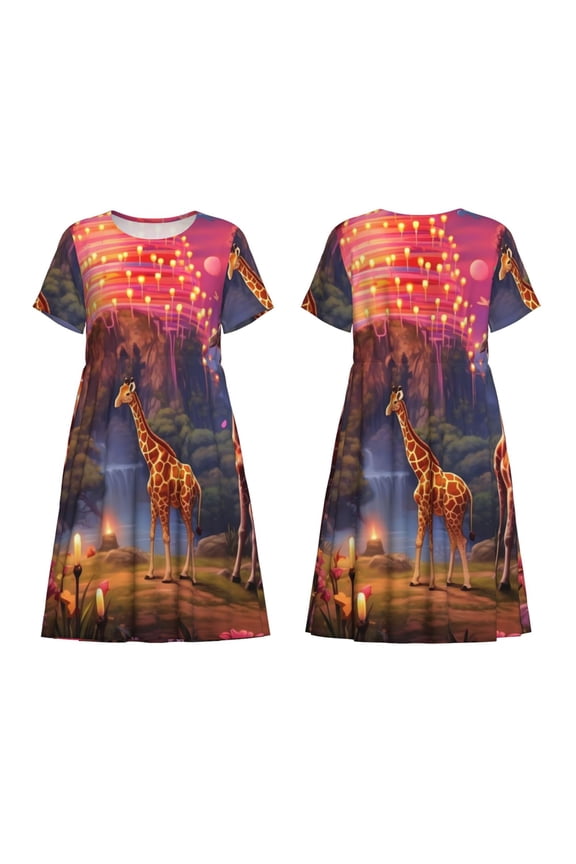 Lantern Giraffes Magical Forest Print Women's Short Sleeve Dress Breathable Polyester-Spandex All-Over Print A-Line Side Pockets Elastic Waist