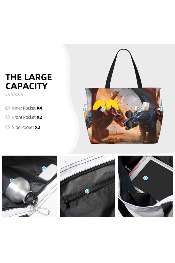 Lava Dragon Print Large Capacity Beach Travel Bag Waterproof Polyester with Multiple Pockets for Beach Camping Gym