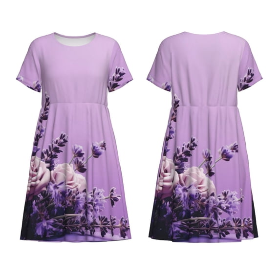 Horeoi Lavender Roses Arrangement Print Women's Short Sleeve Dress Breathable Polyester-Spandex All-Over Print A-Line Side Pockets Elastic Waist