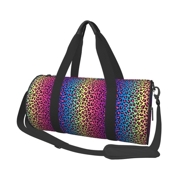 Horeoi Leopard Neon Rainbow Gradient Print Foldable Travel Duffle Bag with Removable Strap - Water-Resistant Gym Vacation Luggage Multi-Pocket Design