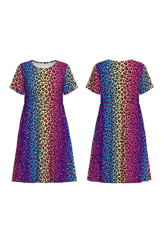Leopard Neon Rainbow Gradient Print Women's Short Sleeve Dress Breathable Polyester-Spandex All-Over Print A-Line Side Pockets Elastic Waist