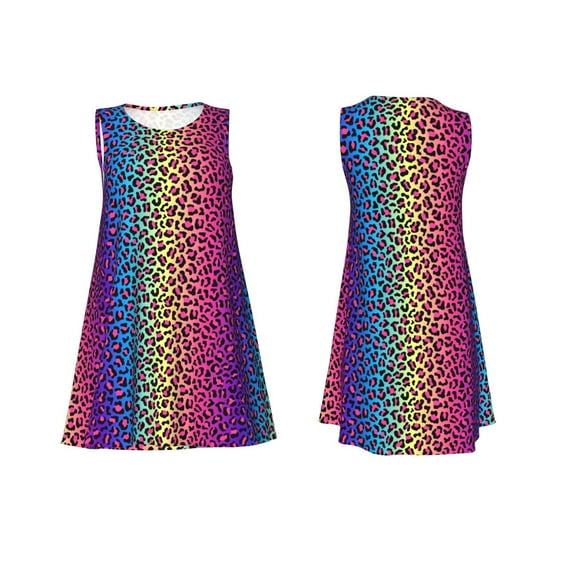 Horeoi Leopard Neon Rainbow Gradient Print Women's Sleeveless Dress Cotton-like Flared Hem Deep Side Pockets Above-Knee