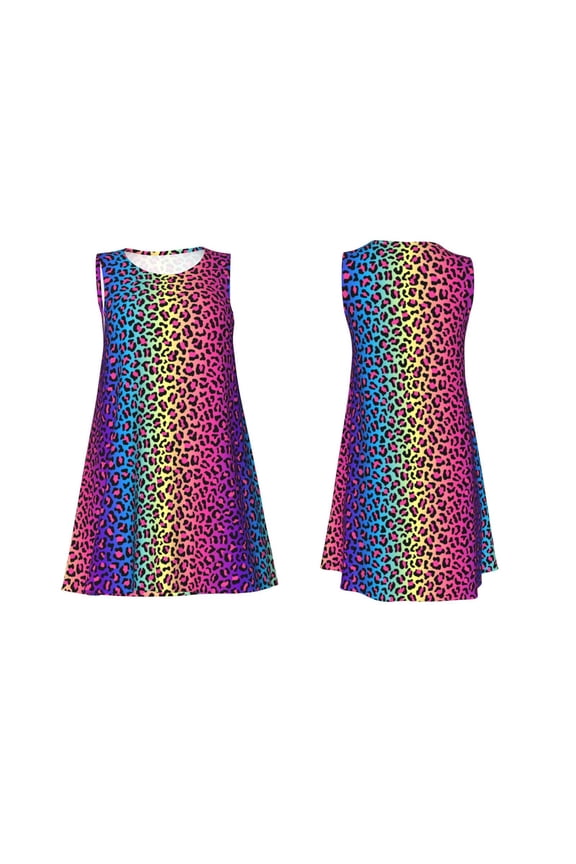Leopard Neon Rainbow Gradient Print Women's Sleeveless Dress Cotton-like Flared Hem Deep Side Pockets Above-Knee
