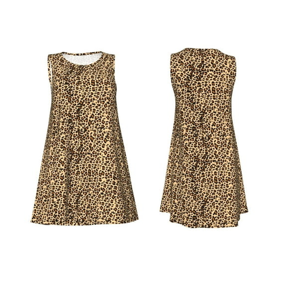 Horeoi Leopard Print Brown Print Women's Sleeveless Dress Cotton-like Flared Hem Deep Side Pockets Above-Knee