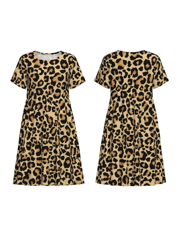 Leopard Print Print Women's Short Sleeve Dress Breathable Polyester-Spandex All-Over Print A-Line Side Pockets Elastic Waist
