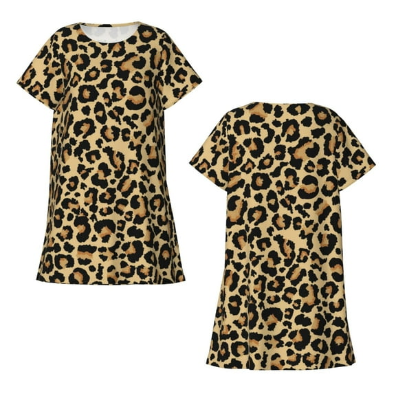 Horeoi Leopard Print Print Women's Short-sleeved Nightdress Breathable Cotton-like Material Loose A-line Knee-length