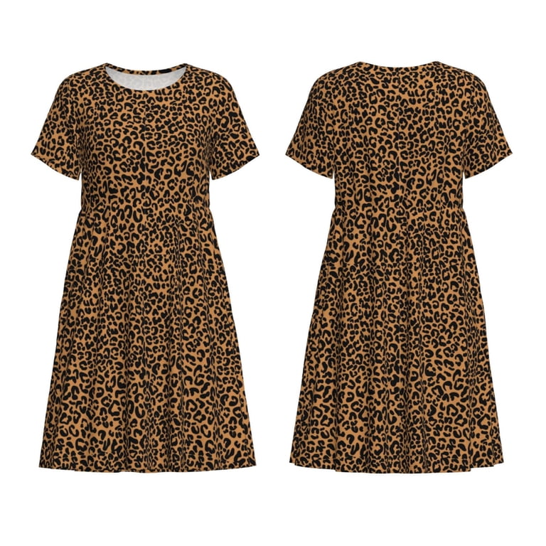 Horeoi Leopard Print Women's Short Sleeve Dress Breathable Polyester-Spandex All-Over Print A-Line Side Pockets Elastic Waist, Size: Small