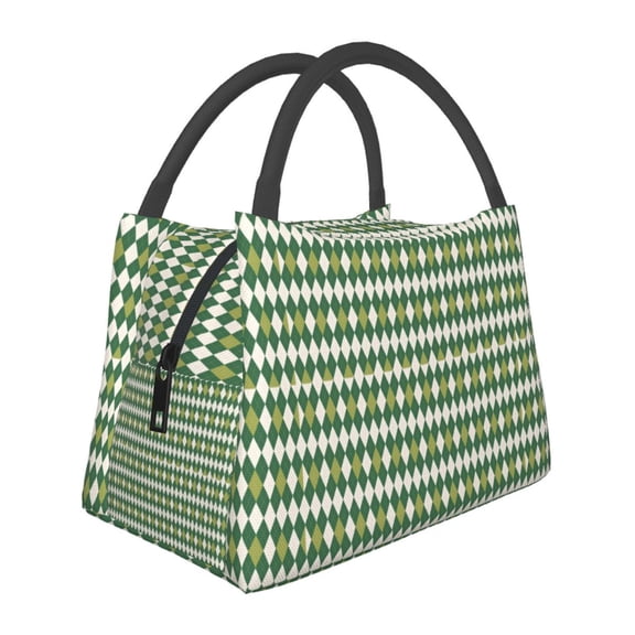 Horeoi Light Green Squares Pattern Portable Insulation Bag for Work Picnic Travel with Zipper and Handle Foldable Thermal Lunch Tote