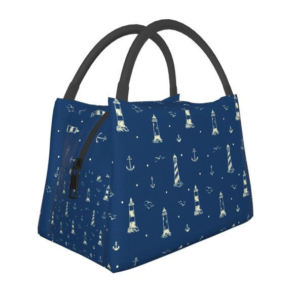 Horeoi Lighthouses and Anchors Pattern Portable Insulation Bag for Work Picnic Travel with Zipper and Handle Foldable Thermal Lunch Tote