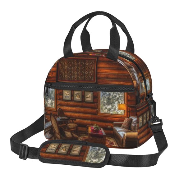 Horeoi Log Cabin Inside for Insulated Lunch Bag with Adjustable Strap Thermal Tote for Picnic Work School Lightweight Waterproof & Detachable