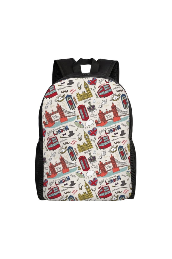 London Landmark1 Print Waterproof 600D Oxford Laptop Backpack for School Travel Work - Lightweight Durable Bag with Adjustable Straps