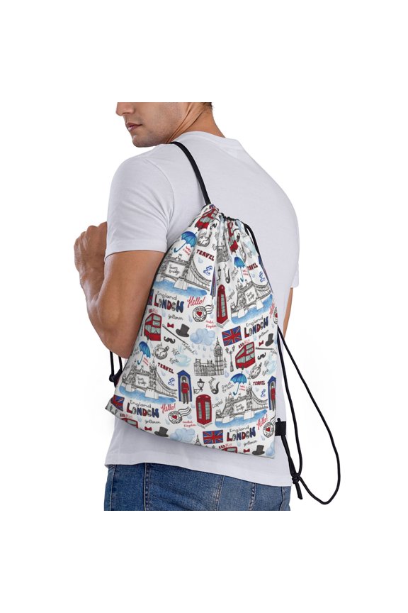 London Landmark2 Print Drawstring Bags for Gym Sports Yoga Travel Lightweight Foldable Sackpack for Men Women Teens