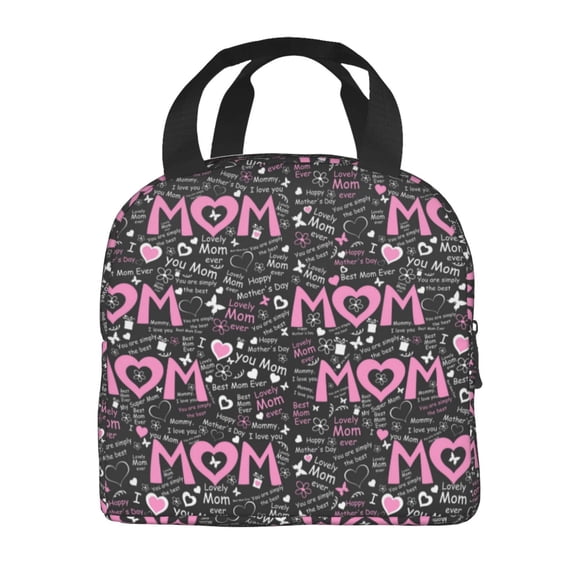 Horeoi Lovely Mom Ever Pattern Lunch Bag for Work Picnic Travel Use Thermal Tote with Front Pocket for Women Men Students