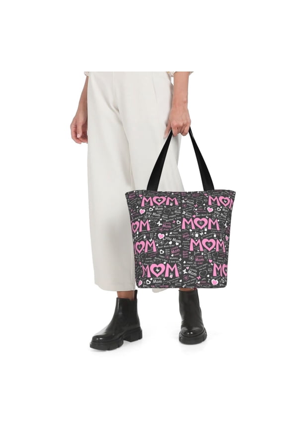 Lovely Mom Ever Print Shoulder Bag for Women Large Capacity Zipper Tote for Shopping Beach Travel Gym with Inner Pocket