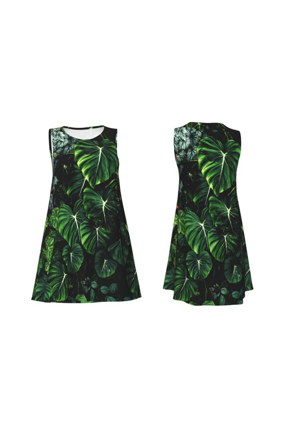 Lush Foliage Green Plant Print Women's Sleeveless Dress Cotton-like Flared Hem Deep Side Pockets Above-Knee
