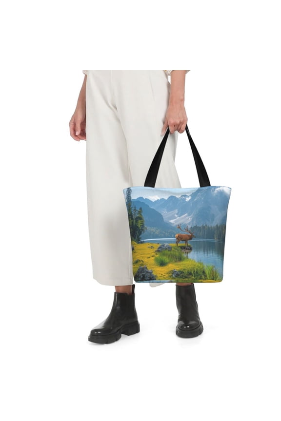 Majestic Deer Mountain Lake Print Shoulder Bag for Women Large Capacity Zipper Tote for Shopping Beach Travel Gym with Inner Pocket