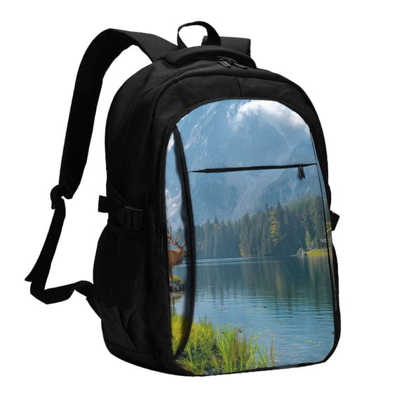 Horeoi Majestic Deer Mountain Lake Print USB Backpack for Travel School Work with Laptop Compartment Charging Port and Anti-Theft Pocket