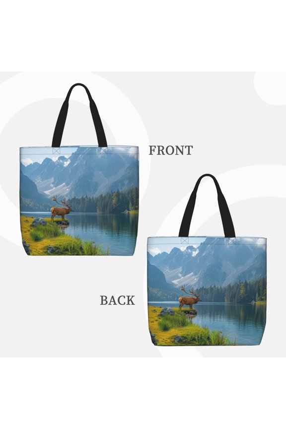 Majestic Deer Mountain Lake for Reinforced Shoulder Tote Bag Scratch-Proof Design Spacious Organizer Crossbody Carry Daily Commute Must-Have