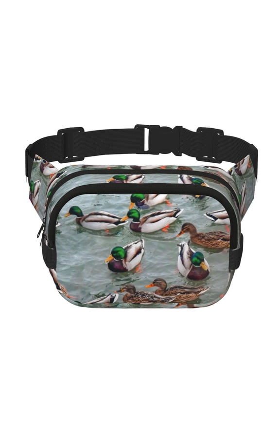 Mallard Ducks Swimming for Square Double Layer Waist Bag for Travel Cycling Outdoor Activities with Adjustable Strap and Zipper Pockets
