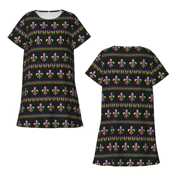 Horeoi Mardi Gras Fleur de Lis Print Women's Short-sleeved Nightdress Breathable Cotton-like Material Loose A-line Knee-length