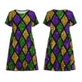 thumbnail image 1 of Horeoi Mardi Gras Shiny Green Purple Print Women's Short Sleeve Dress Breathable Polyester-Spandex All-Over Print A-Line Side Pockets Elastic Waist, 1 of 6