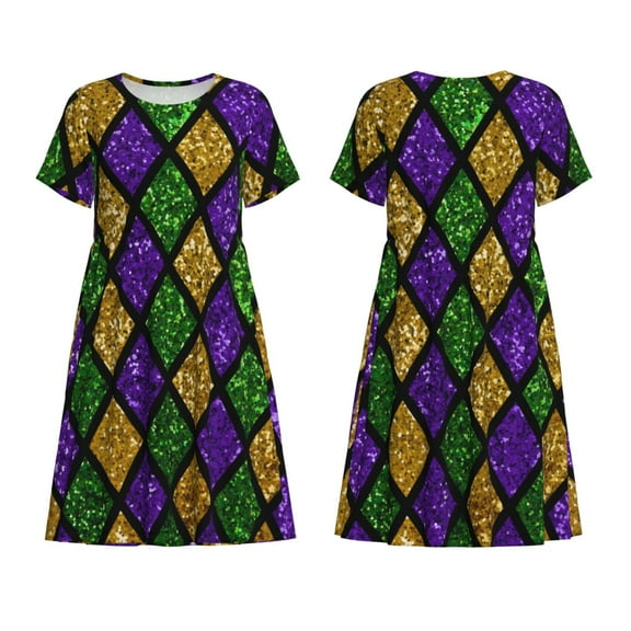 Horeoi Mardi Gras Shiny Green Purple Print Women's Short Sleeve Dress Breathable Polyester-Spandex All-Over Print A-Line Side Pockets Elastic Waist