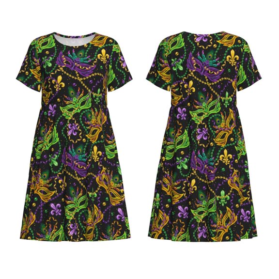Horeoi Mardi Gras Surface Print Women's Short Sleeve Dress Breathable Polyester-Spandex All-Over Print A-Line Side Pockets Elastic Waist