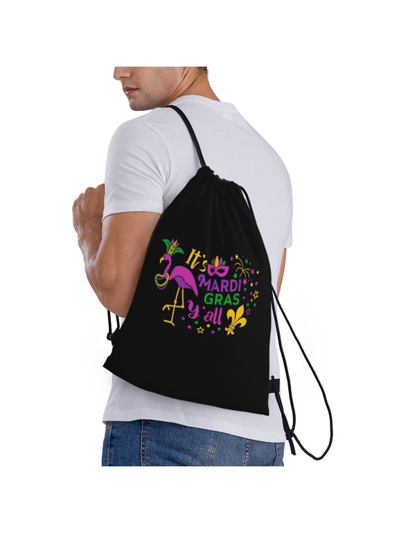 Mardi Gras with Flamingo Print Drawstring Bags for Gym Sports Yoga Travel Lightweight Foldable Sackpack for Men Women Teens