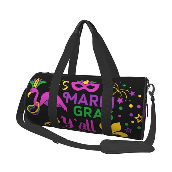 Horeoi Mardi Gras with Flamingo Print Foldable Travel Duffle Bag with Removable Strap - Water-Resistant Gym Vacation Luggage Multi-Pocket Design
