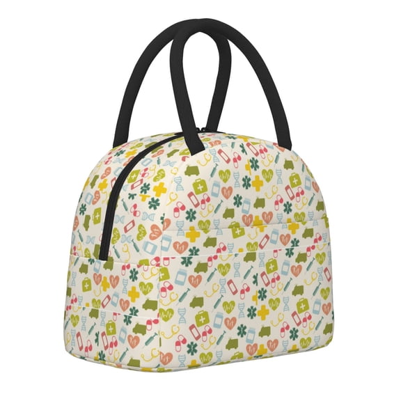 Horeoi Medical Icons Pattern Large Insulated Lunch Bag for Work, School, Picnic - Waterproof, Durable Oxford Cloth, Comfortable Handle-Black