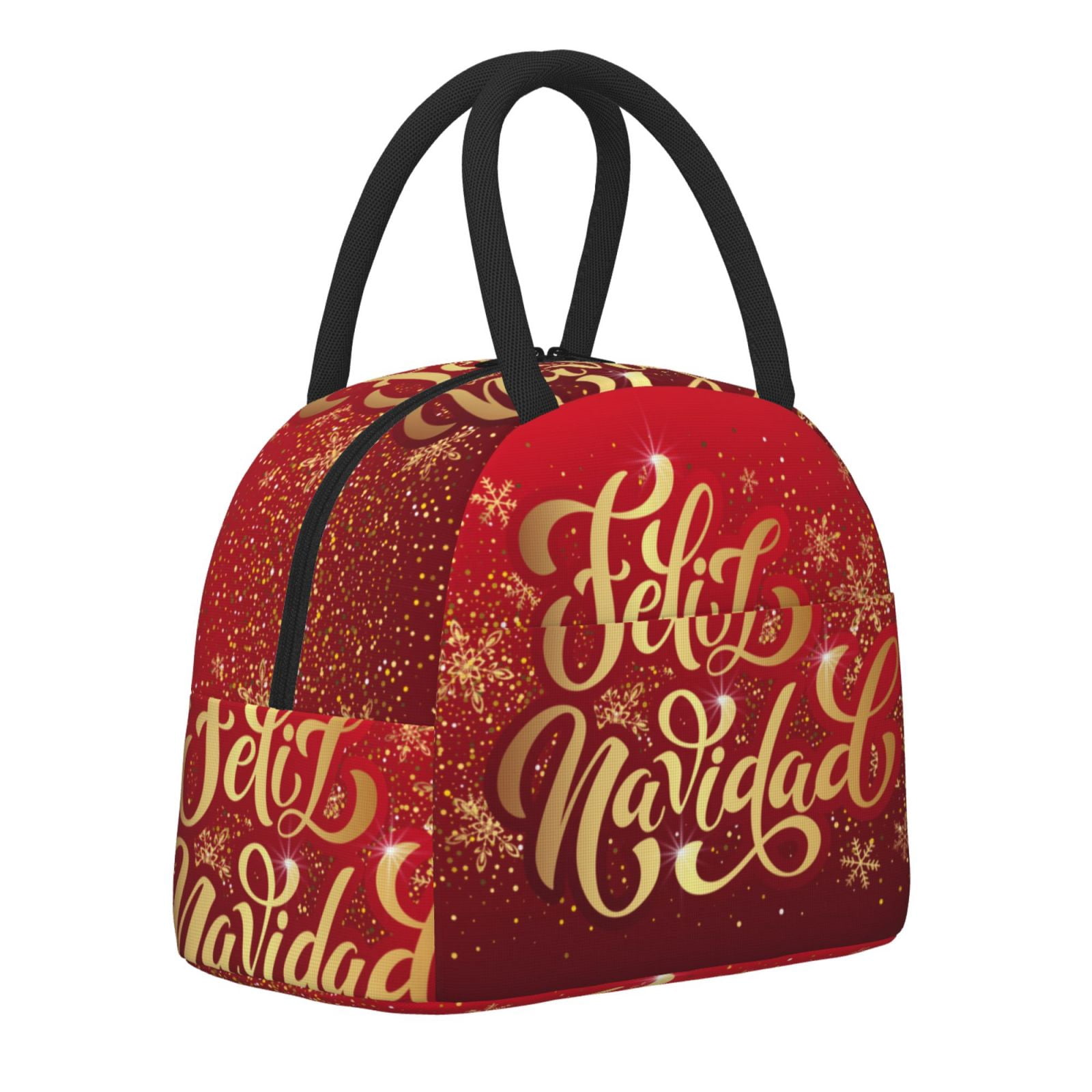 Horeoi Merry Christmas Pattern Large Insulated Lunch Bag for Work, School, Picnic - Waterproof, Durable Oxford Cloth, Comfortable Handle-Black