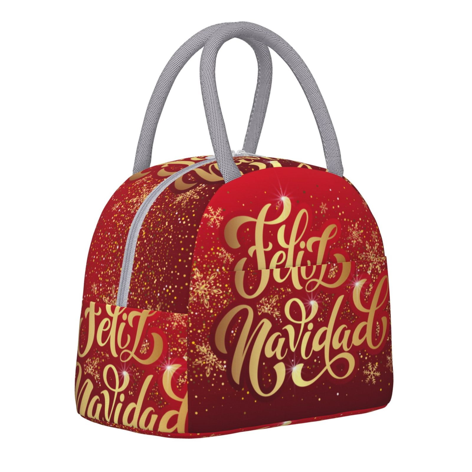 Horeoi Merry Christmas Pattern Large Insulated Lunch Bag for Work, School, Picnic - Waterproof, Durable Oxford Cloth, Comfortable Handle-Light Grey