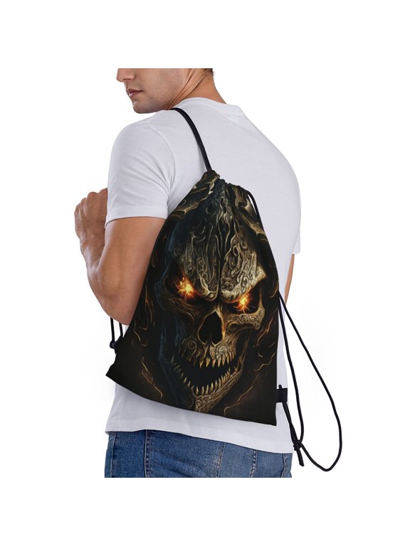 Metal Evil Skull Print Drawstring Bags for Gym Sports Yoga Travel Lightweight Foldable Sackpack for Men Women Teens