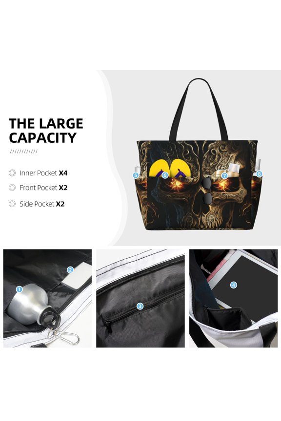 Metal Evil Skull Print Large Capacity Beach Travel Bag Waterproof Polyester with Multiple Pockets for Beach Camping Gym