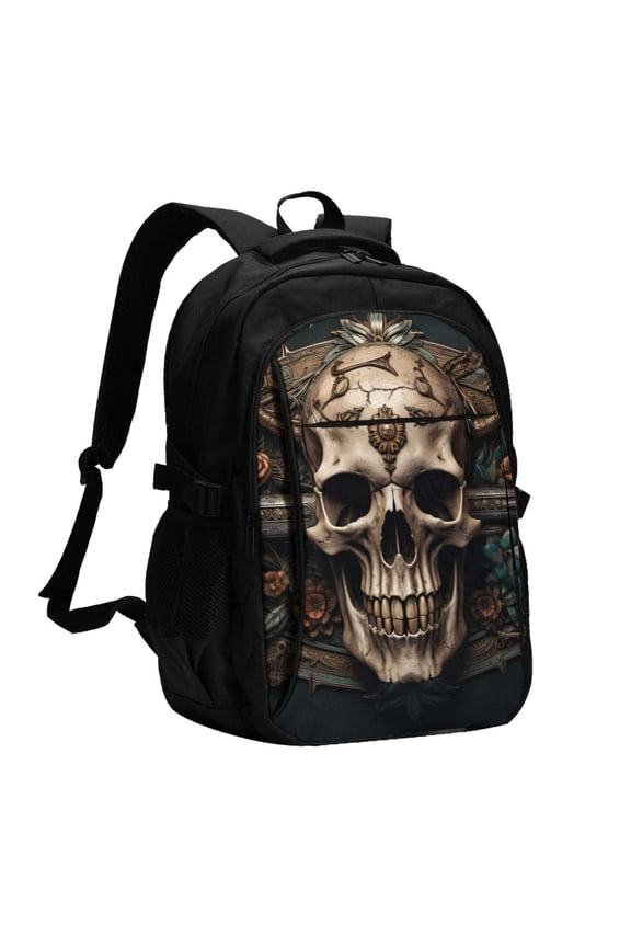 Metal Style Horned Skull Print USB Backpack for Travel School Work with Laptop Compartment Charging Port and Anti-Theft Pocket