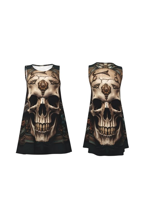 Metal Style Horned Skull Print Women's Sleeveless Dress Cotton-like Flared Hem Deep Side Pockets Above-Knee