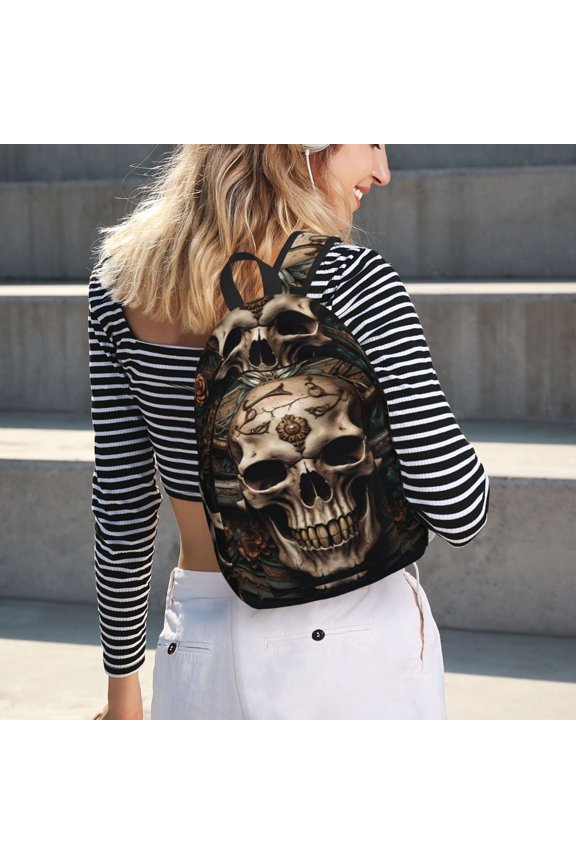 Metal Style Horned Skull for Canvas Backpack for School Outdoor Travel Use Men Women Teenagers Large Capacity with Adjustable Shoulder Straps