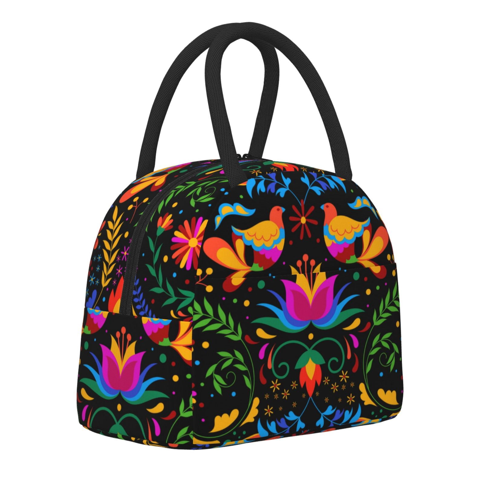 Horeoi Mexican Flower Traditional1 Pattern Large Insulated Lunch Bag for Work, School, Picnic - Waterproof, Durable Oxford Cloth, Comfortable Handle-Black