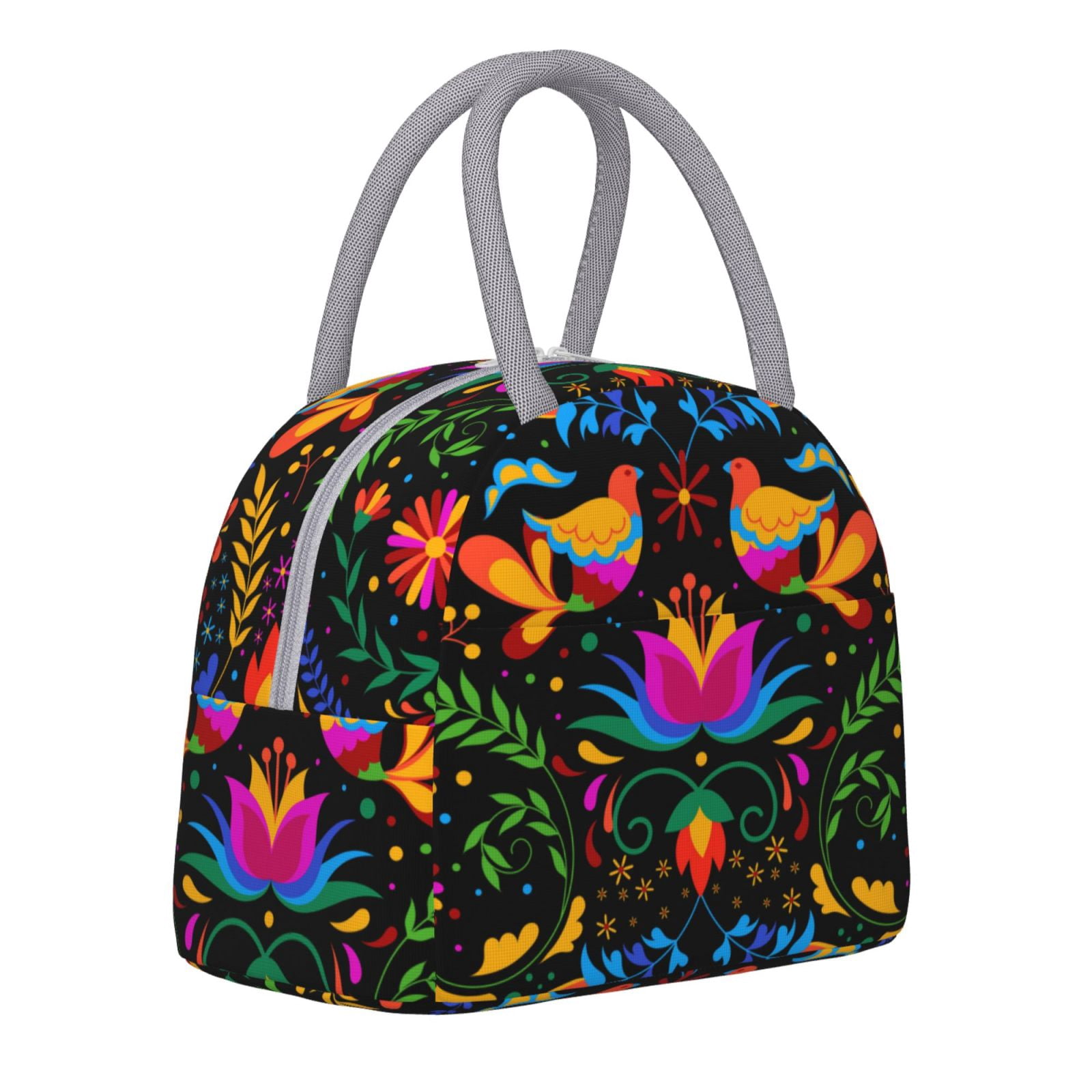 Horeoi Mexican Flower Traditional1 Pattern Large Insulated Lunch Bag for Work, School, Picnic - Waterproof, Durable Oxford Cloth, Comfortable Handle-Light Grey
