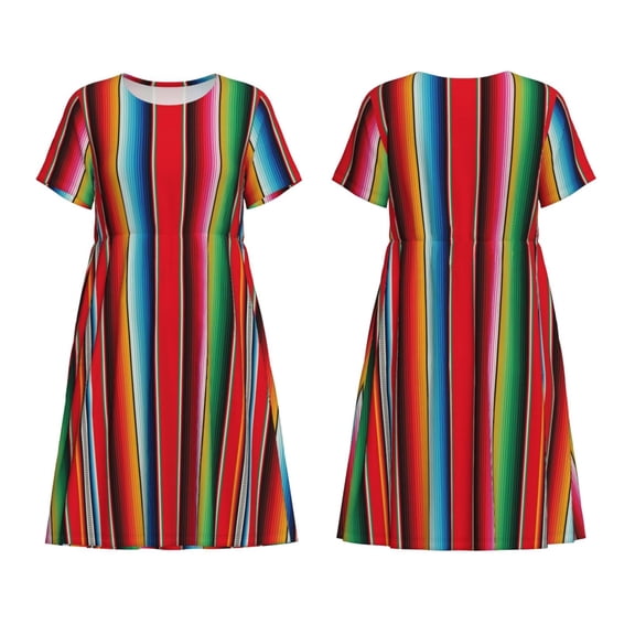 Horeoi Mexican Serape Blanket Stripes Print Women's Short Sleeve Dress Breathable Polyester-Spandex All-Over Print A-Line Side Pockets Elastic Waist