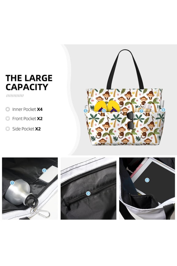 Monkeys Swinging from Palms Print Large Capacity Beach Travel Bag Waterproof Polyester with Multiple Pockets for Beach Camping Gym