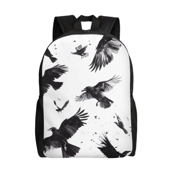Horeoi Monochrome Flying Ravens Print Waterproof 600D Oxford Laptop Backpack for School Travel Work - Lightweight Durable Bag with Adjustable Straps