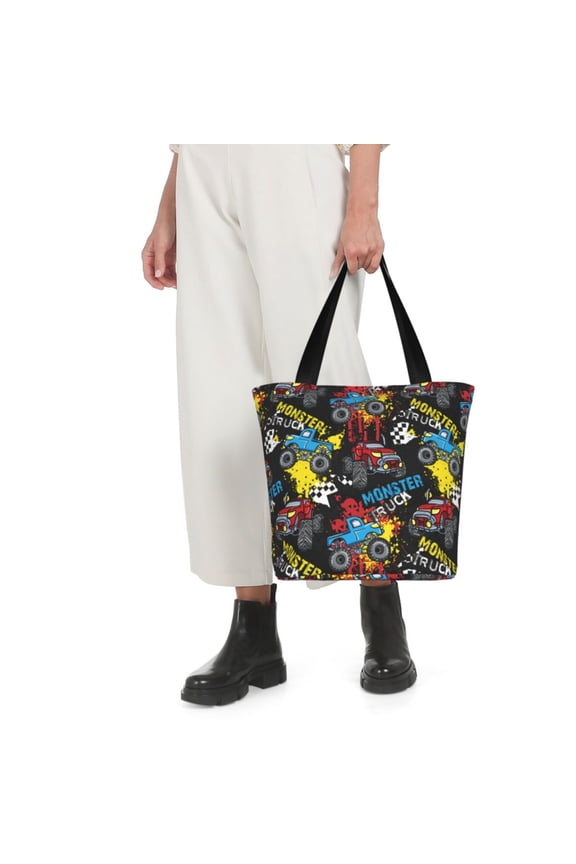 Monster Car Print Shoulder Bag for Women Large Capacity Zipper Tote for Shopping Beach Travel Gym with Inner Pocket