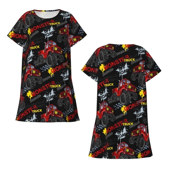 Horeoi Monster Truck Print Women's Short-sleeved Nightdress Breathable Cotton-like Material Loose A-line Knee-length