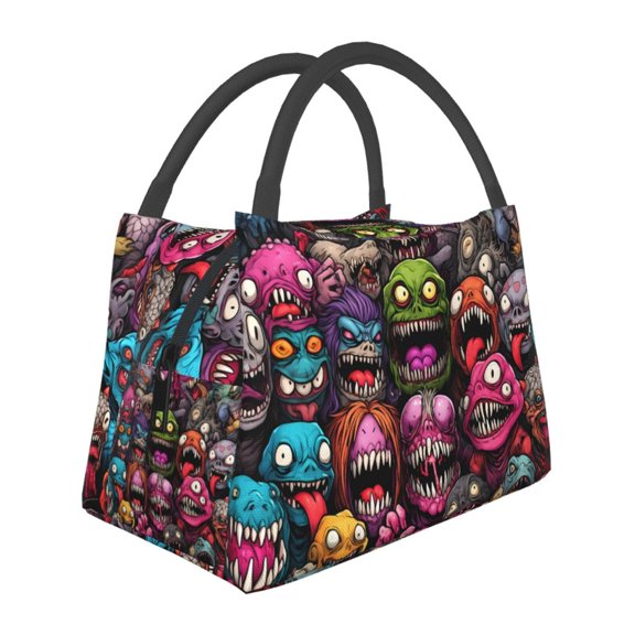 Horeoi Monstrous Cartoon Characters Pattern Portable Insulation Bag for Work Picnic Travel with Zipper and Handle Foldable Thermal Lunch Tote