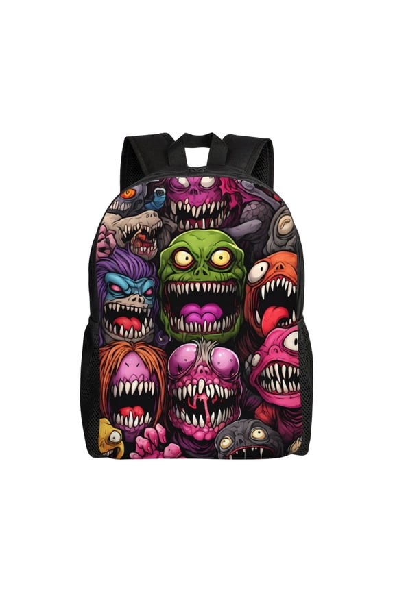 Monstrous Cartoon Characters Print Waterproof 600D Oxford Laptop Backpack for School Travel Work - Lightweight Durable Bag with Adjustable Straps
