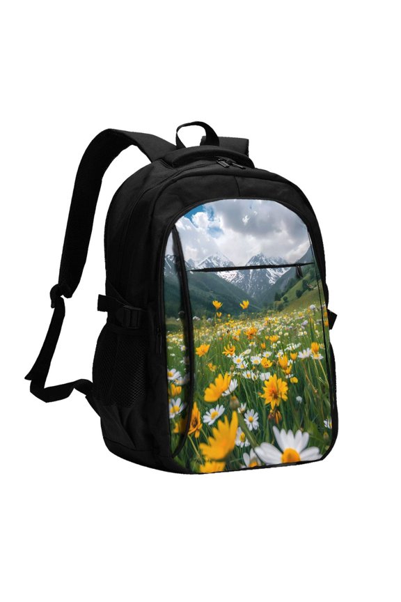 Mountain Daisy Meadow Print USB Backpack for Travel School Work with Laptop Compartment Charging Port and Anti-Theft Pocket