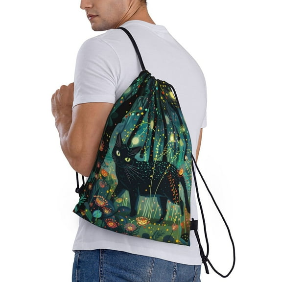 Horeoi Mystical Black Cat Fireflies Print Drawstring Bags for Gym Sports Yoga Travel Lightweight Foldable Sackpack for Men Women Teens