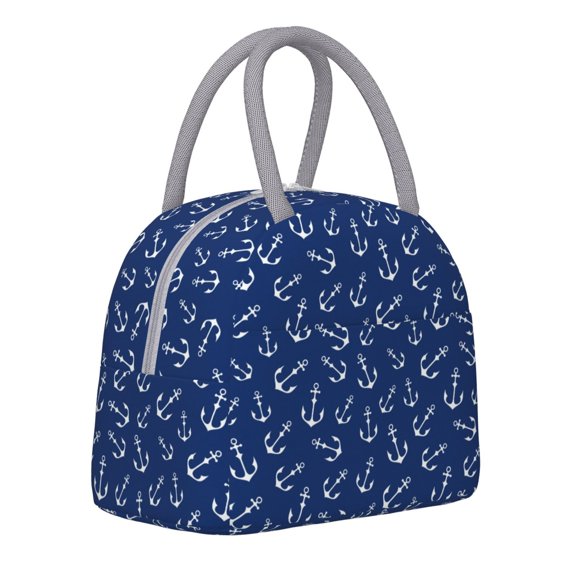Horeoi Nautical Anchors Pattern Large Insulated Lunch Bag for Work, School, Picnic - Waterproof, Durable Oxford Cloth, Comfortable Handle-Light Grey