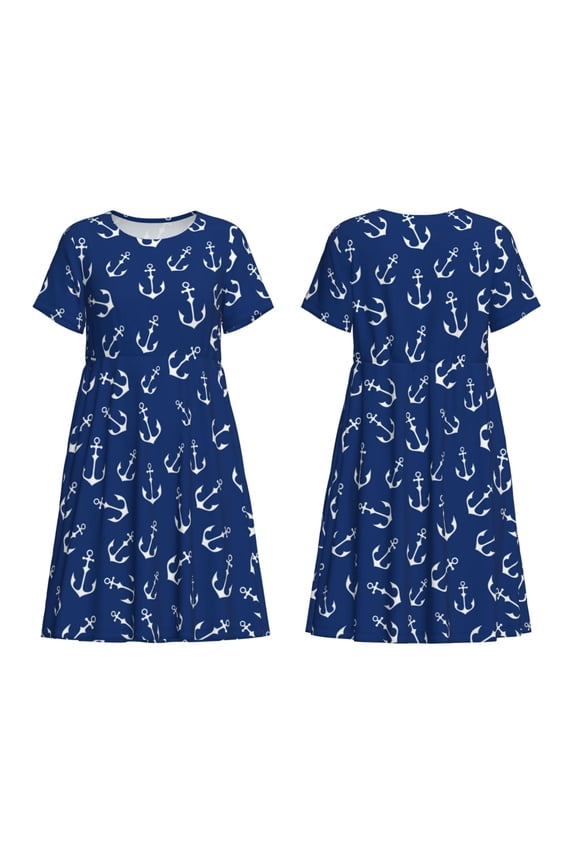Nautical Anchors Print Women's Short Sleeve Dress Breathable Polyester-Spandex All-Over Print A-Line Side Pockets Elastic Waist
